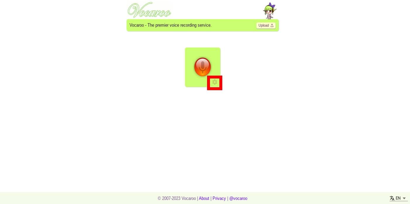 Captura de tela da interface do site Vocaroo com o ícone de engrenagem cinza destacado