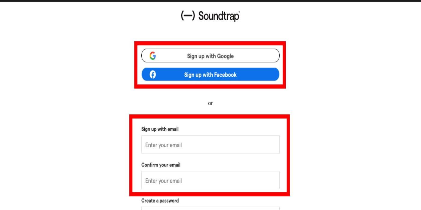 Captura de tela da interface de inscrição do Soundtrap.com com as opções do Facebook, Google e novas contas destacadas
