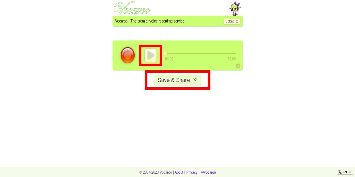 Captura de tela da interface do site Vocaroo, reprodução e botões de salvar e compartilhar em destaque