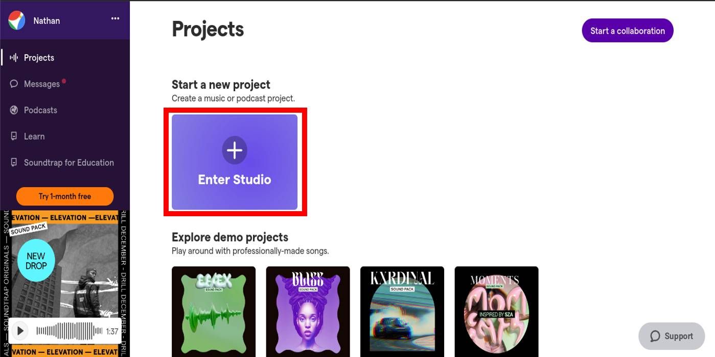 captura de tela da nova interface do projeto Soundtrap.com com o novo projeto em destaque
