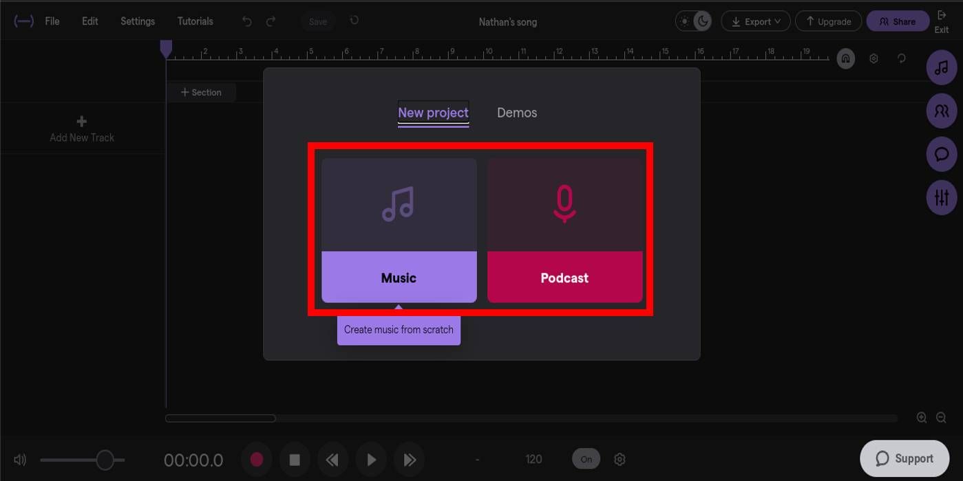 Captura de tela da nova interface de criação de projetos do Soundtrap.com com as opções de música e podcast destacadas