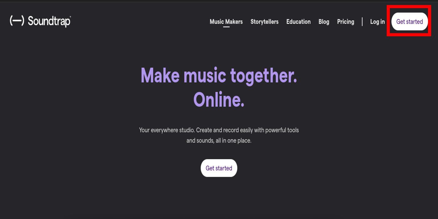 Captura de tela do painel do Soundtrap.com com o botão de introdução destacado