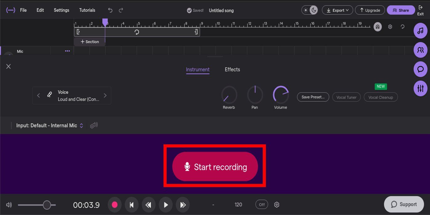 Captura de tela da interface de criação do novo projeto Soundtrap.com com o botão de gravação em destaque