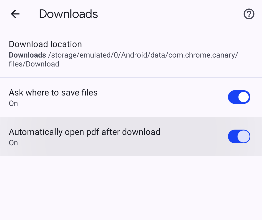 Captura de tela da página de configurações de downloads do Google Chrome Canary com a nova opção de abertura automática de downloads de PDF