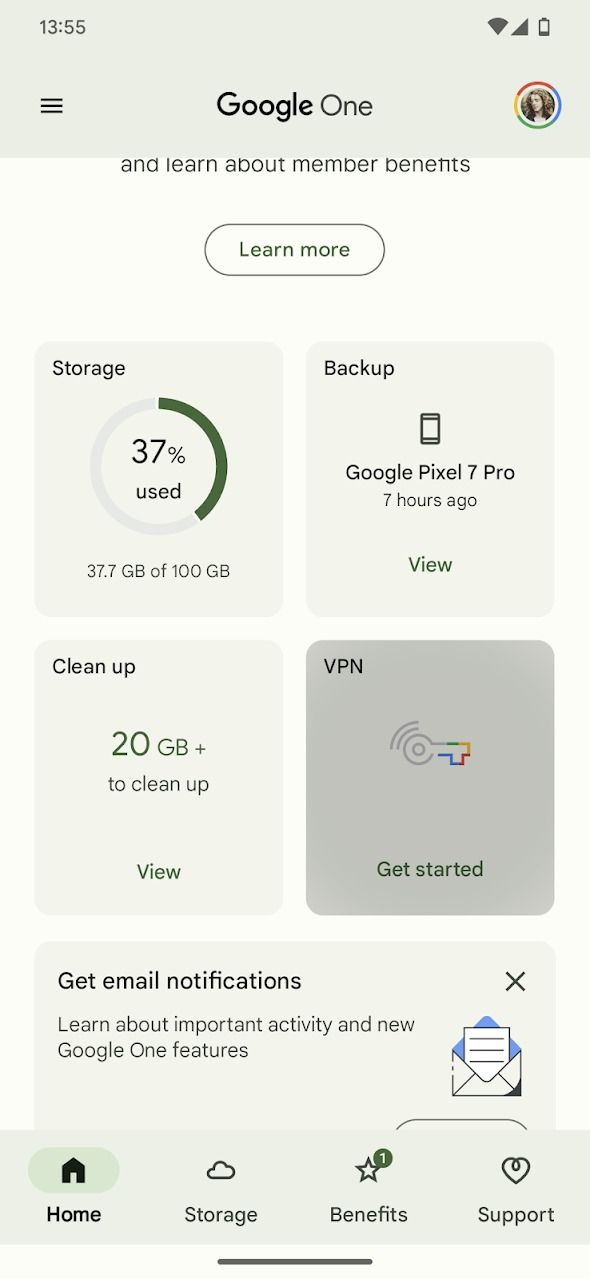 A página inicial do app Google One com o bloco VPN selecionado