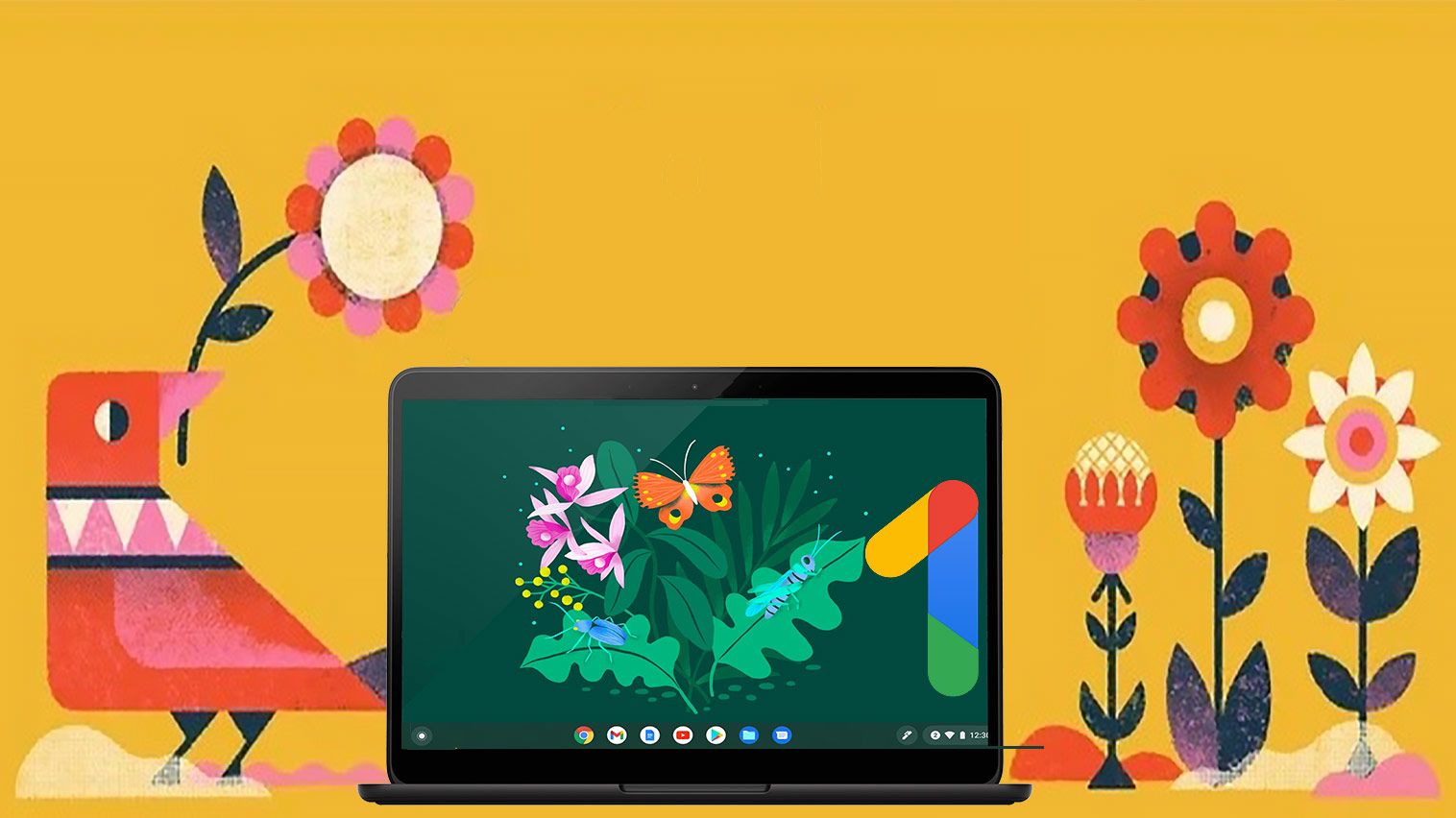 Uma ilustração de um pássaro vermelho, um Chromebook e várias flores em um fundo açafrão