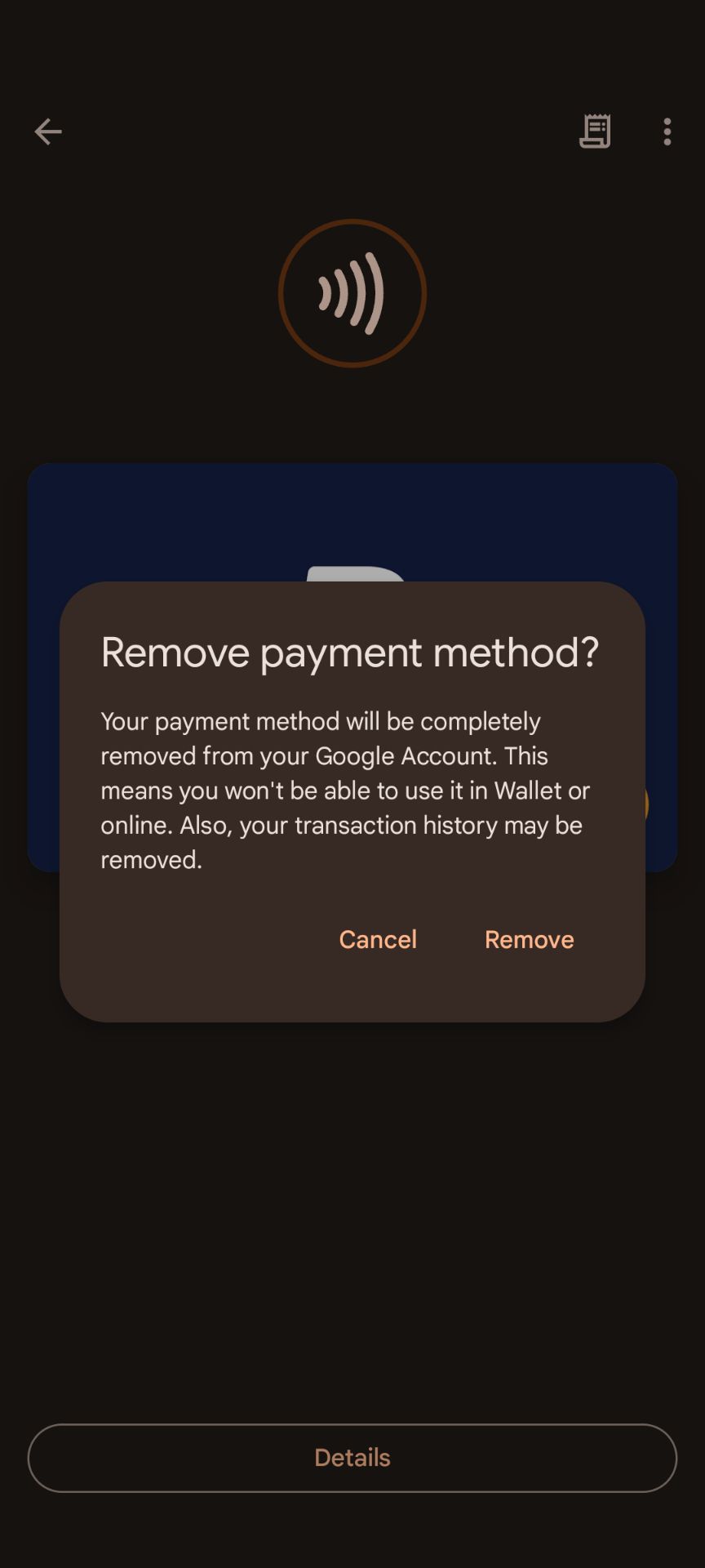 O pop-up de remoção da forma de pagamento no aplicativo Google Wallet