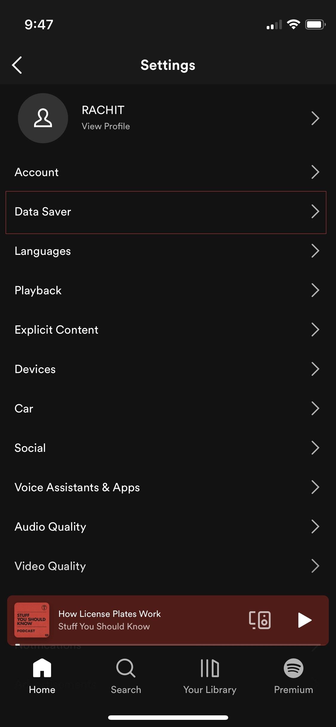 página de configurações do Spotify para aplicativo para iPhone