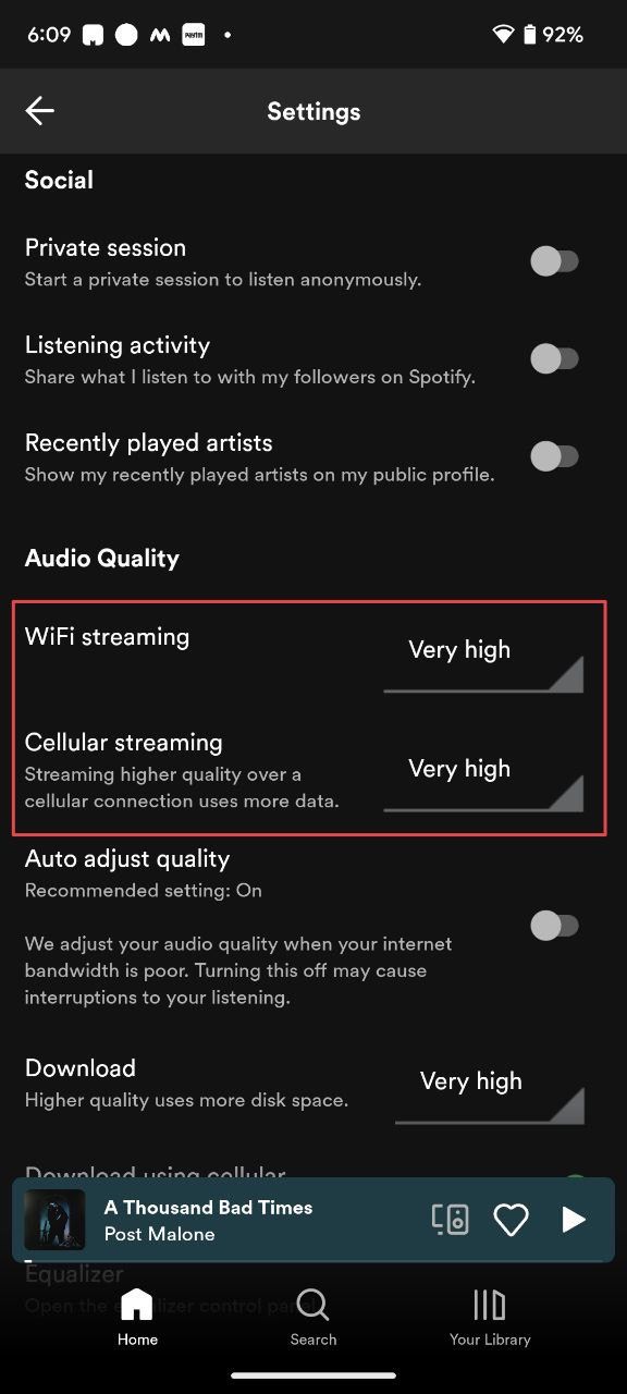Página de configurações do aplicativo Spotify para Android mostrando qualidade de áudio definida como muito alta