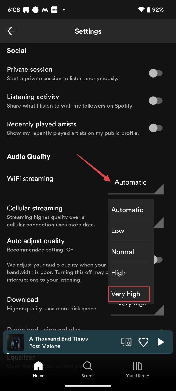 Página de configurações do aplicativo Spotify para Android mostrando opção de qualidade de áudio