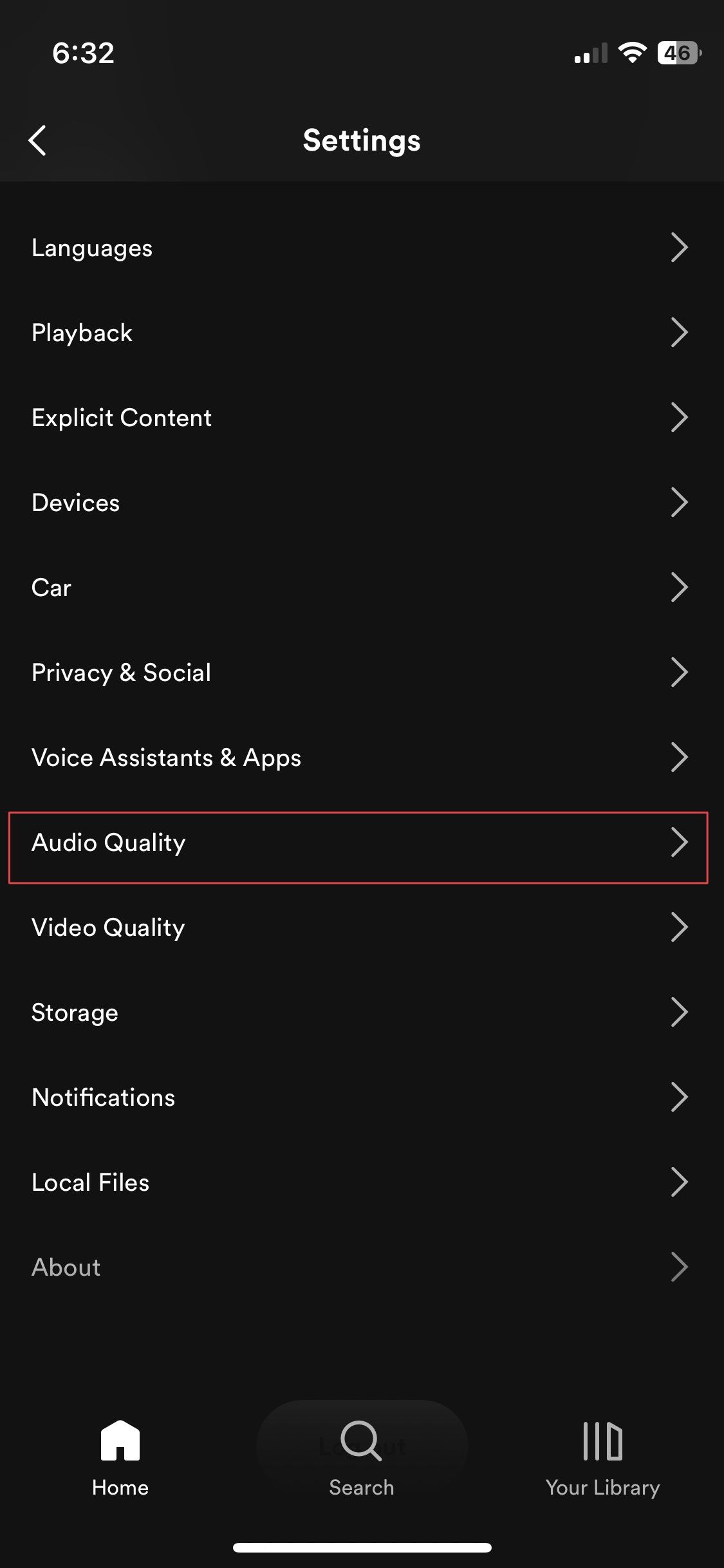 Página de configurações do aplicativo Spotify para iPhone mostrando opção de qualidade de áudio