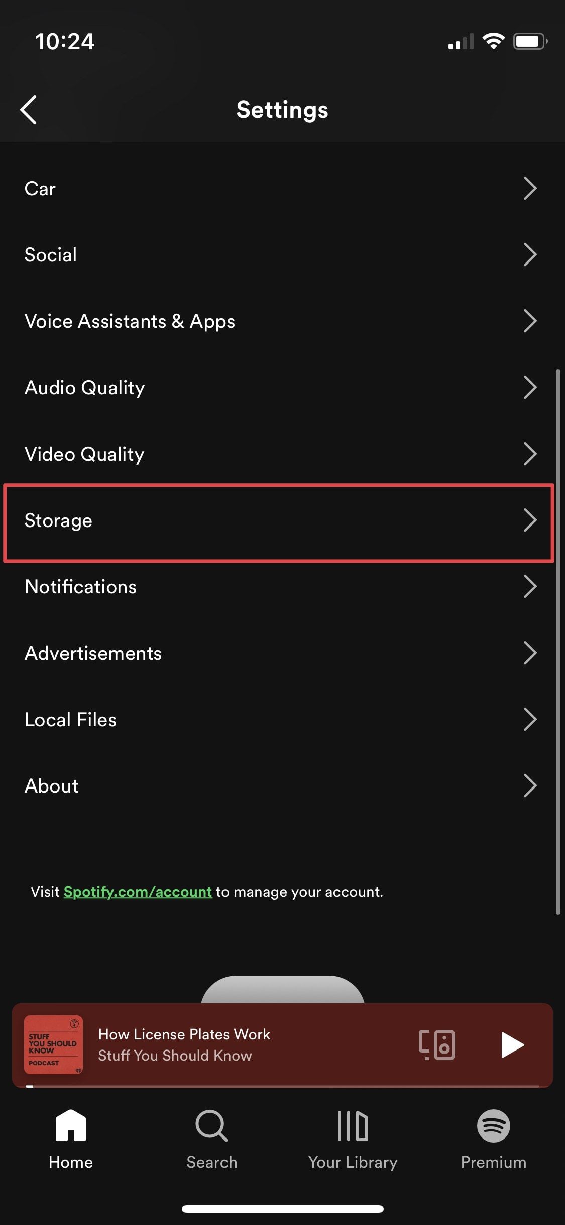 Página de configurações do aplicativo Spotify para iPhone mostrando opção de armazenamento