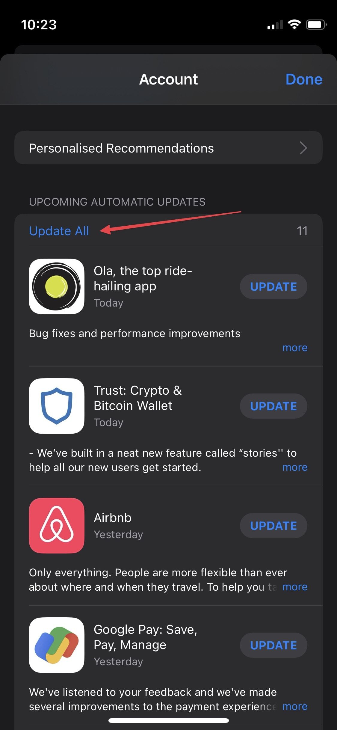 Página de atualização da App Store