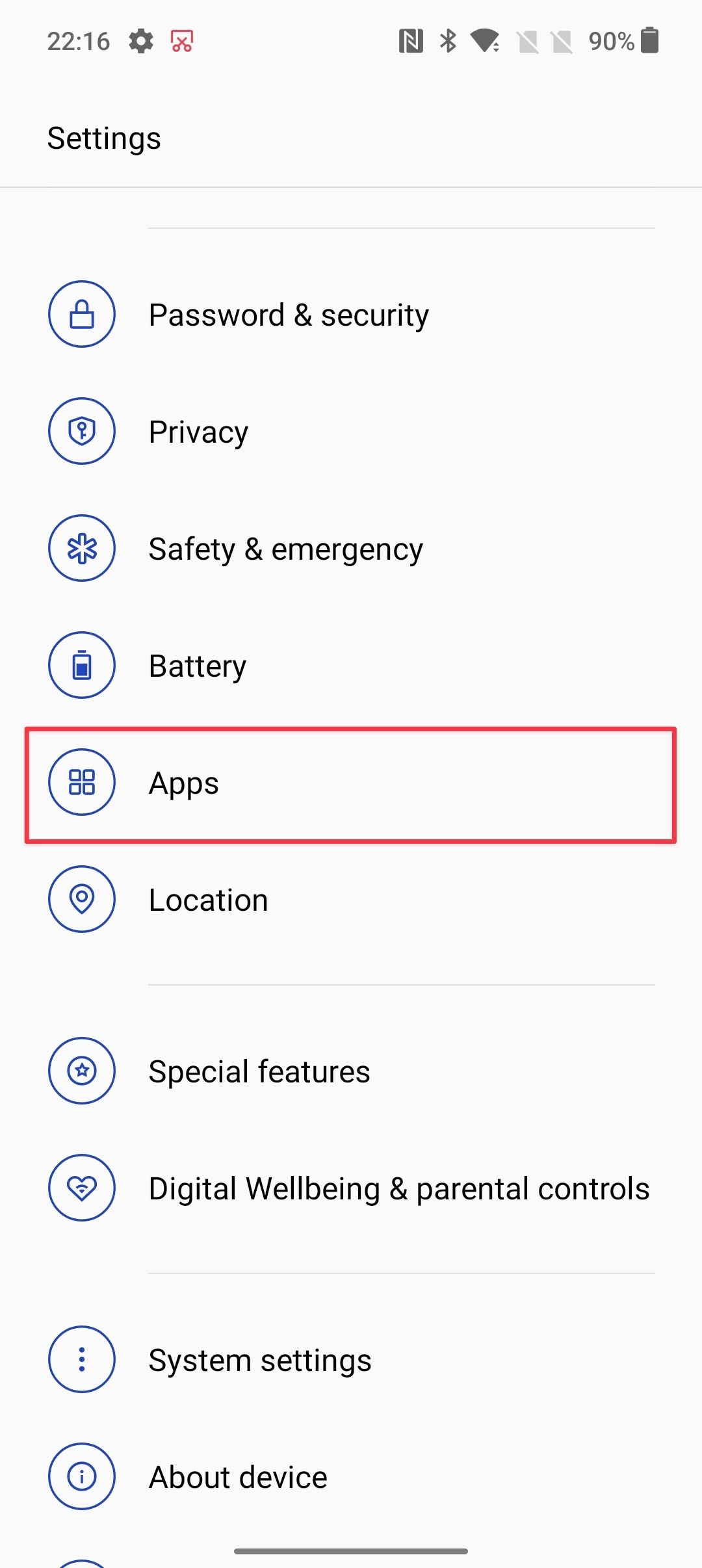 Configuração do Android mostrando opção de aplicativos