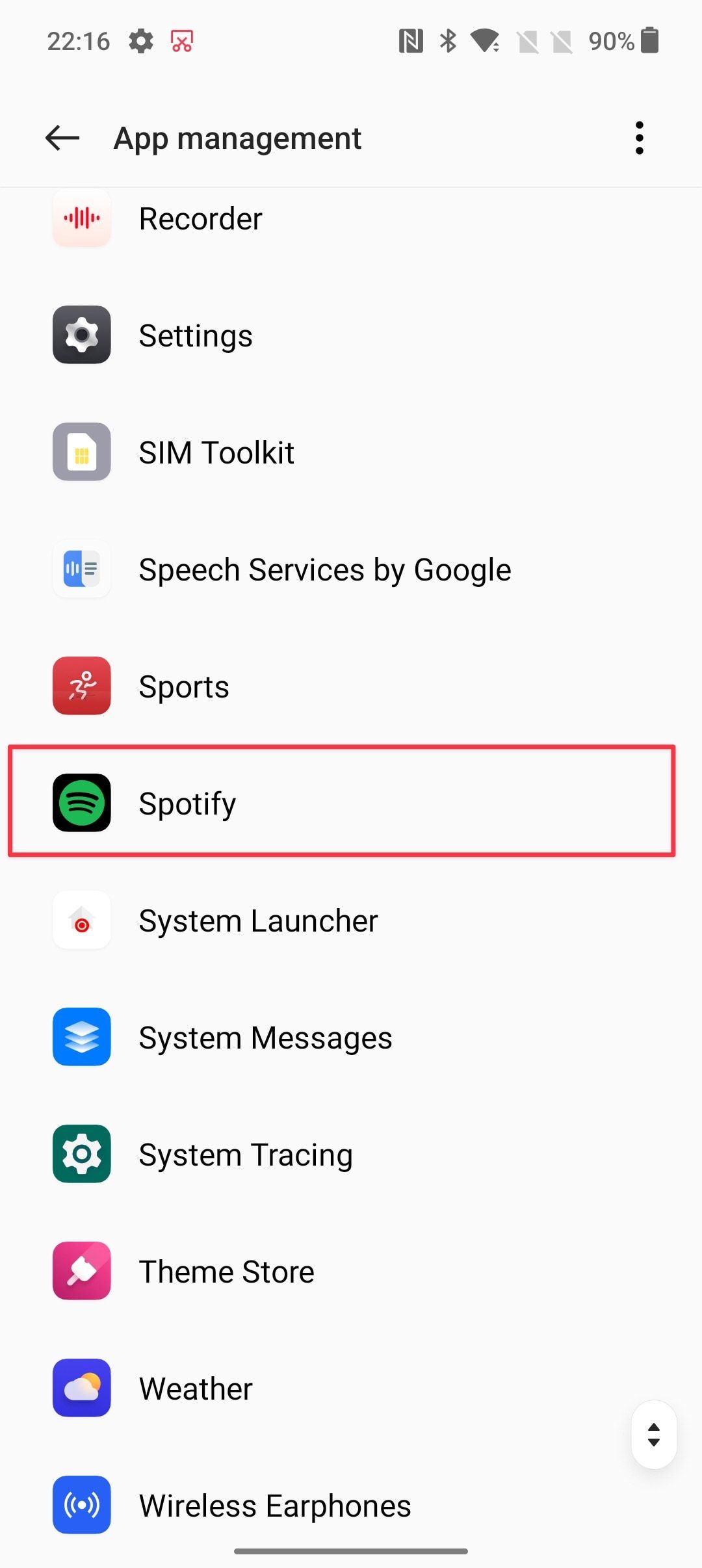 Página de gerenciamento de aplicativos Android mostrando o Spotify