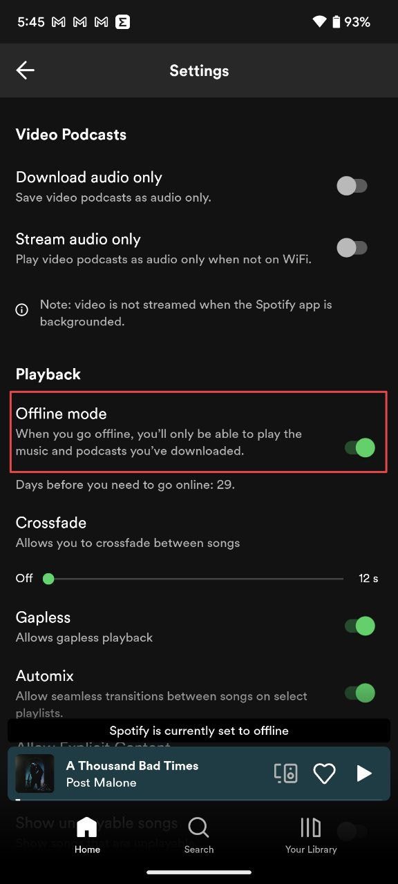 Página de configurações do aplicativo Spotify para Android mostrando a opção de modo offline