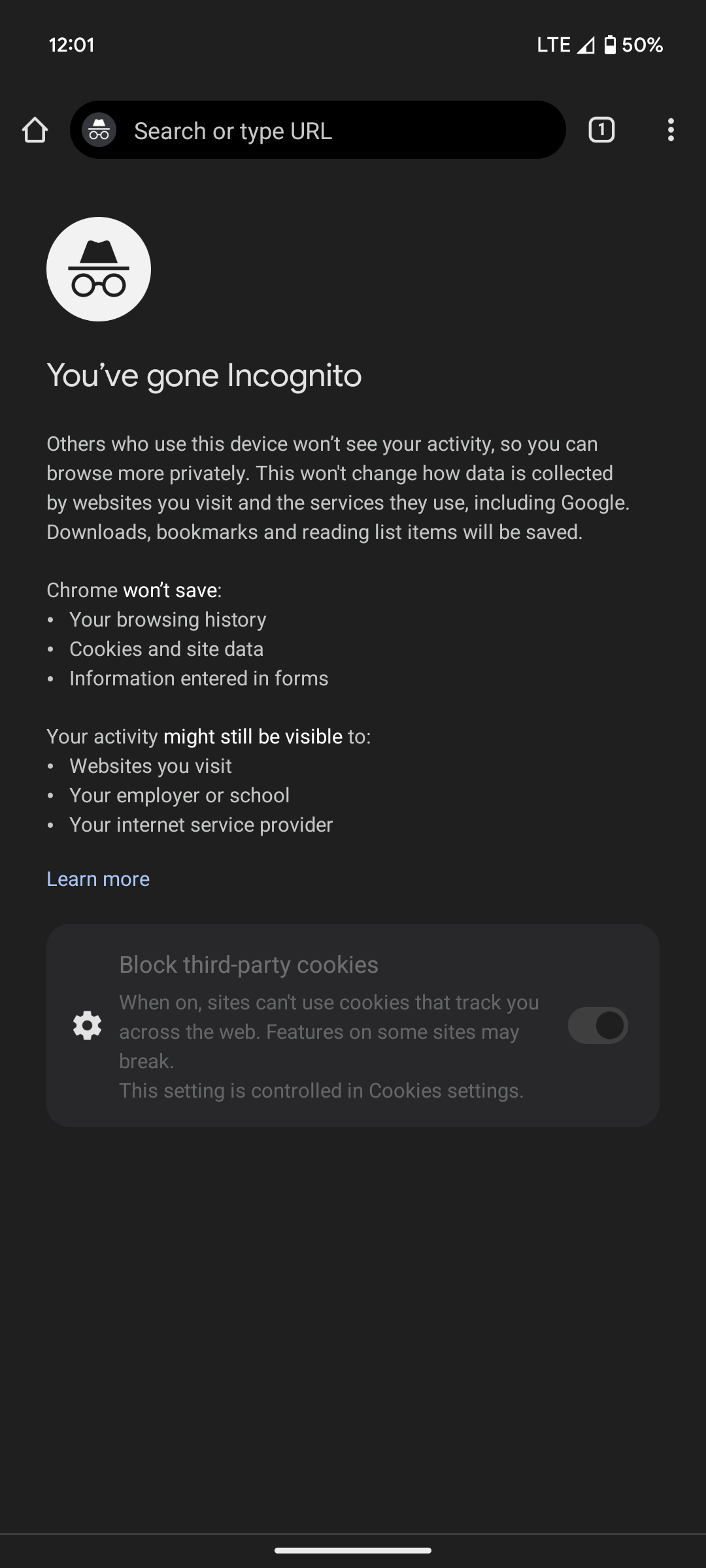 Uma captura de tela do Chrome Canary versão 122 apresentando o aviso de isenção de responsabilidade modificado na página da guia anônima