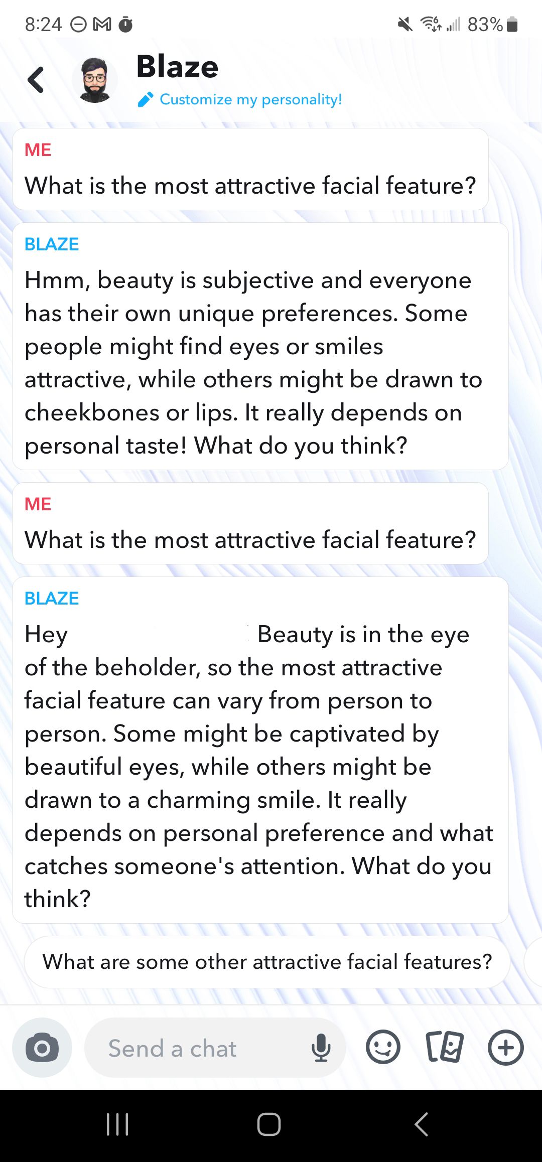 Uma captura de tela das perguntas feitas ao bot de IA do Snapchat.