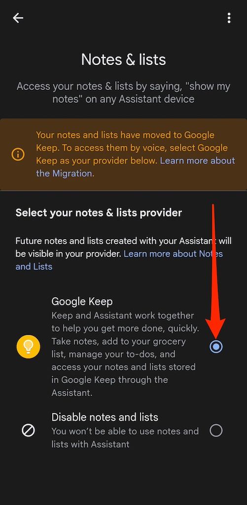 Menu Notas e Listas nas configurações do Google Assistente