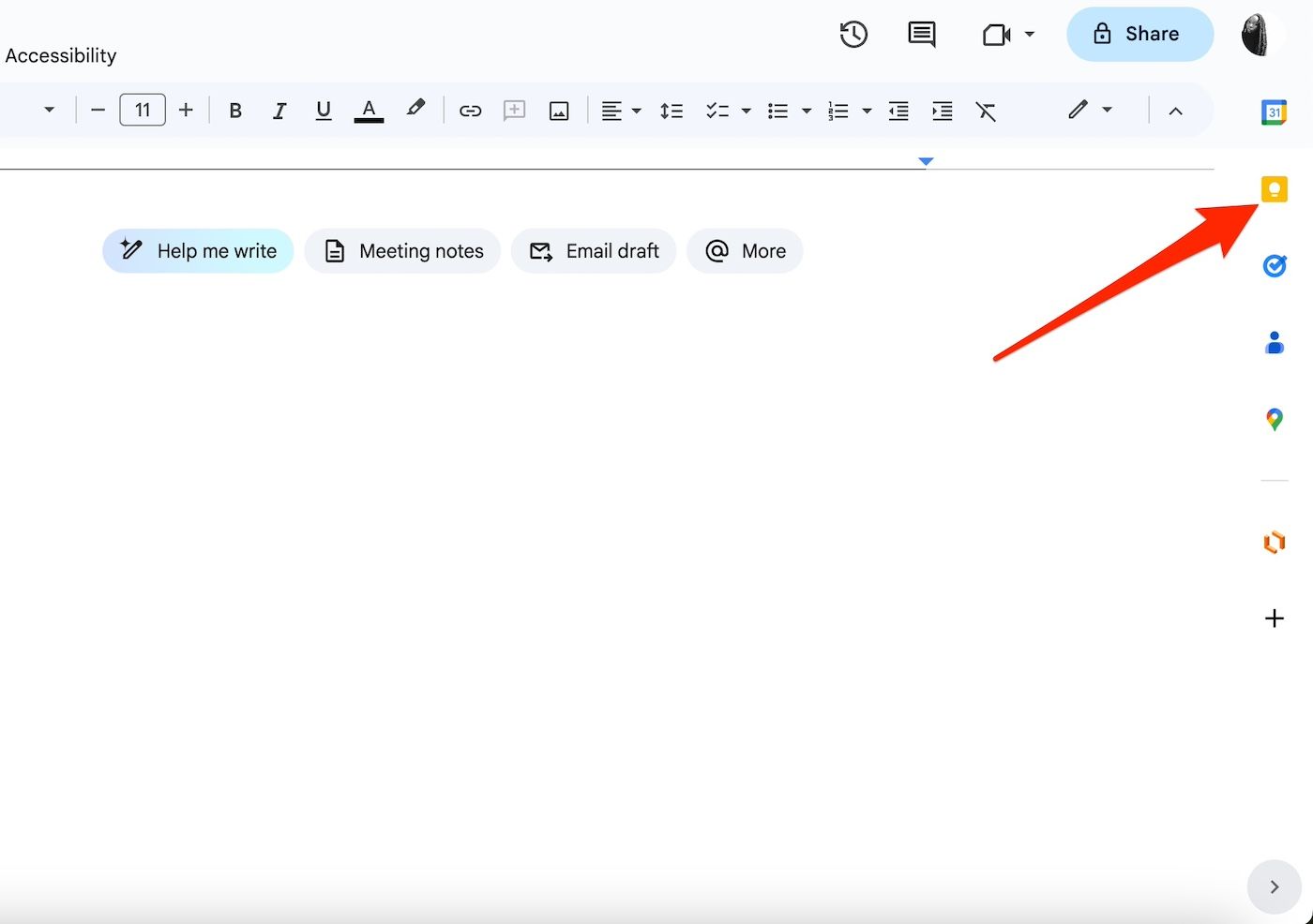 Acessando o ícone do Google Keep na barra lateral do Google Docs