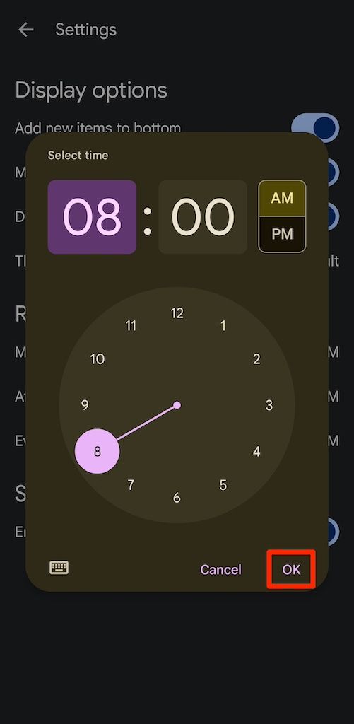 Relógio para definir padrões de lembrete no aplicativo Google Keep
