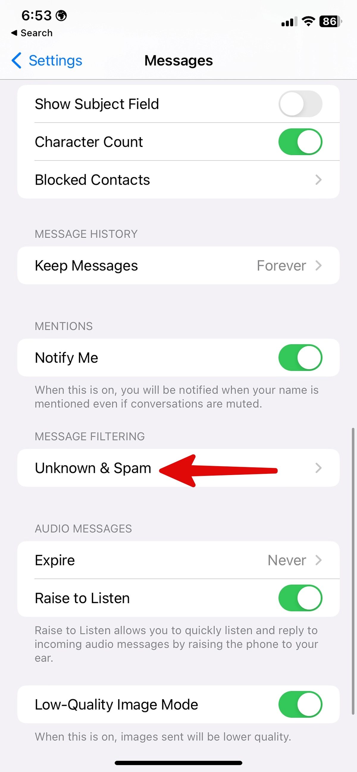 abra desconhecido e spam em Mensagens no iPhone