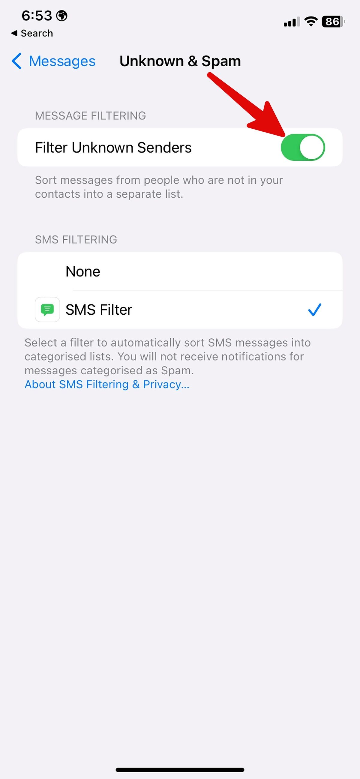 habilite o filtro de SMS em Mensagens no iPhone