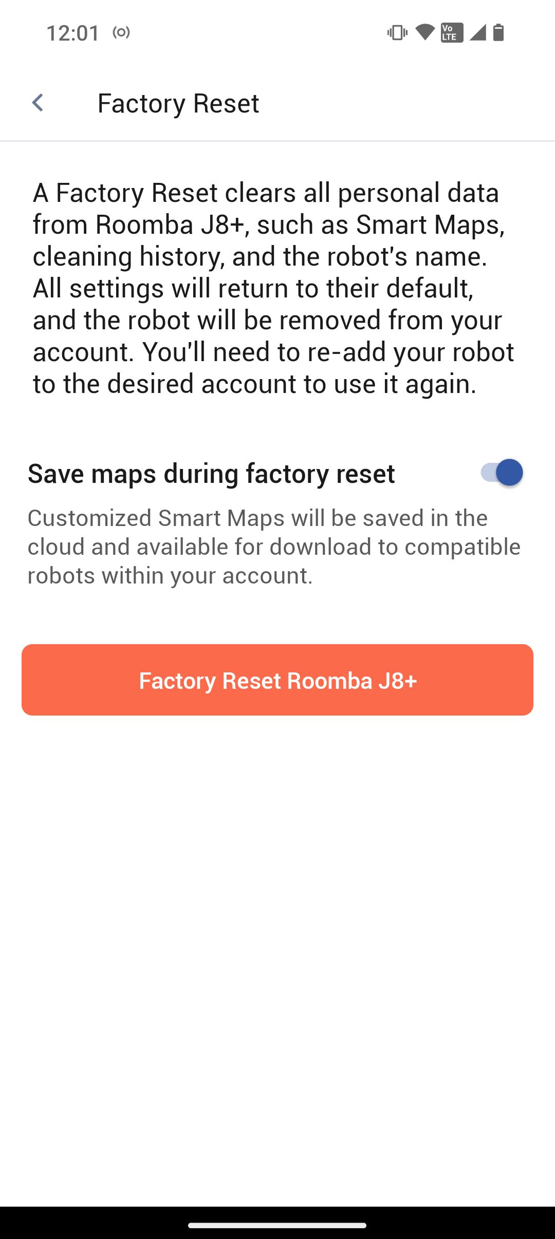 Captura de tela do aplicativo iRobot Home mostrando o processo de redefinição de fábrica