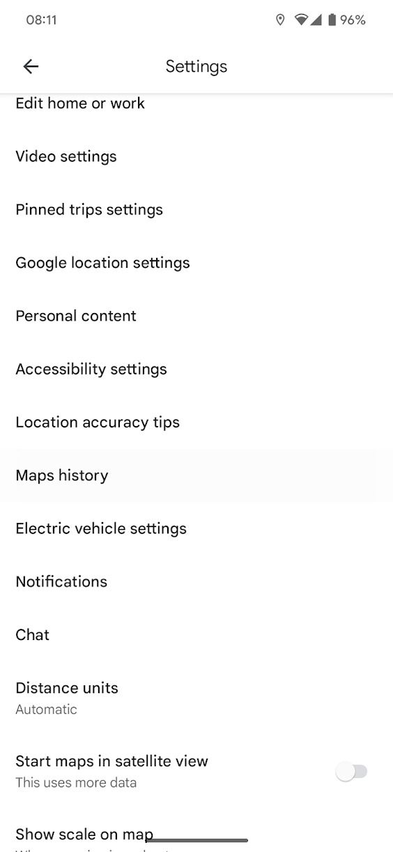 captura de tela do menu de configurações do aplicativo Android do Google Maps