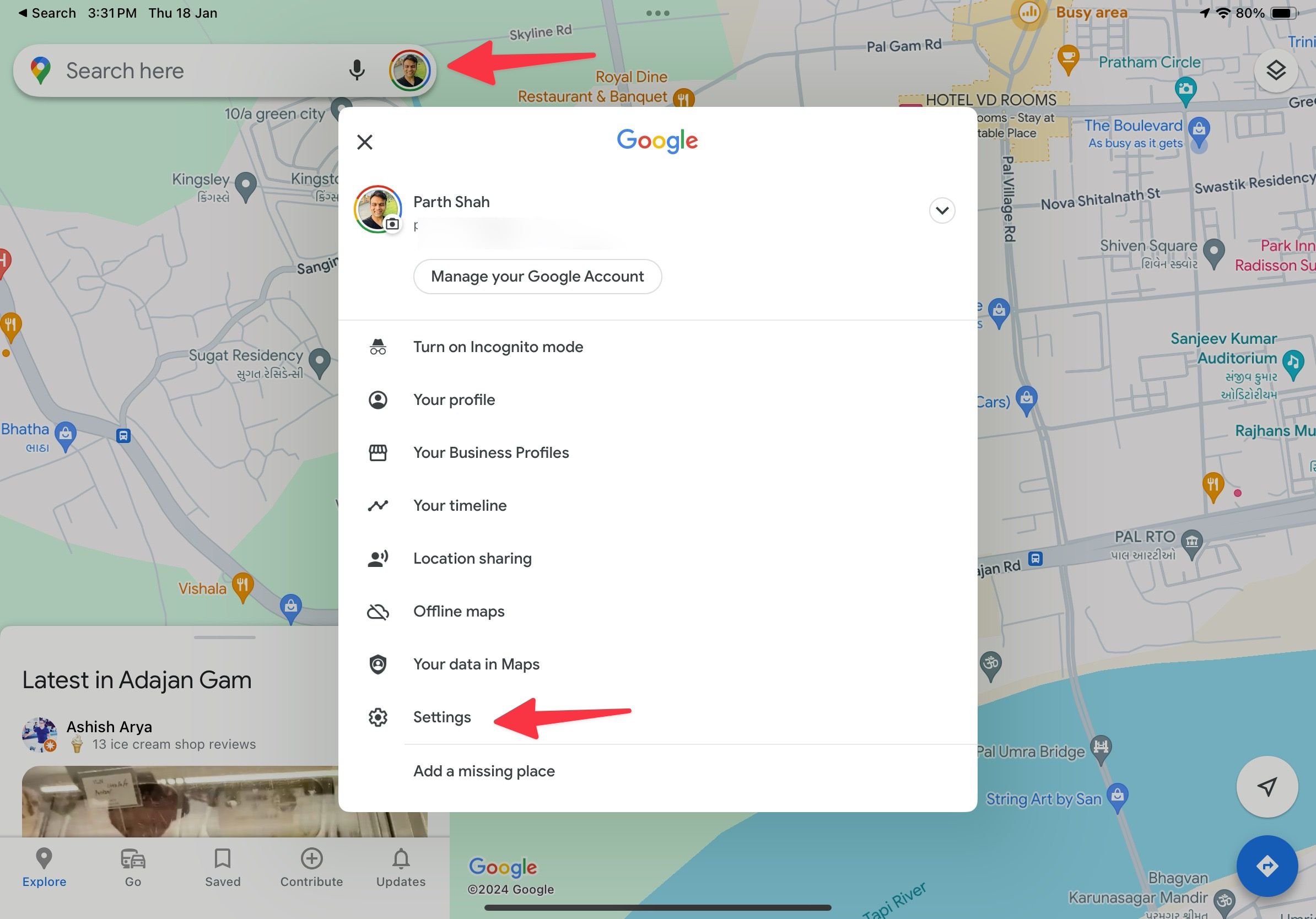Configurações do Google Maps no iPad
