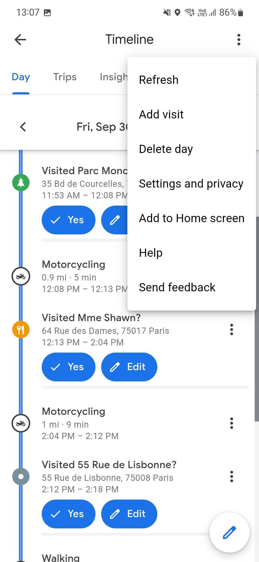 captura de tela da linha do tempo no Google Maps para Android