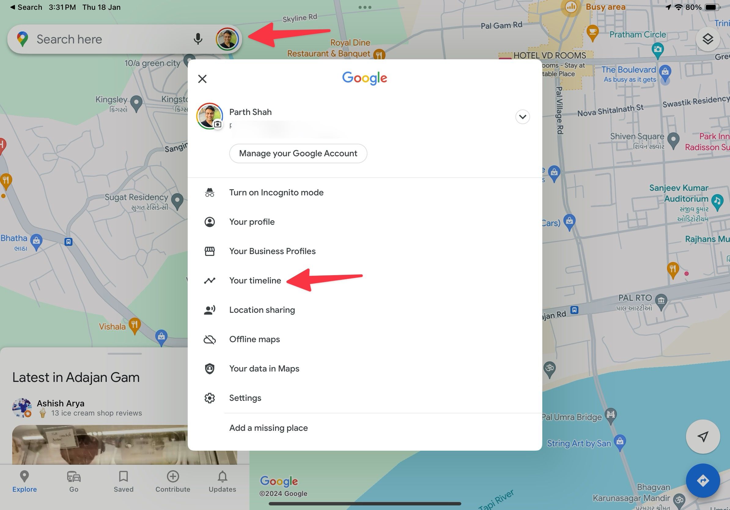 Abra a linha do tempo do Google Maps no iPad