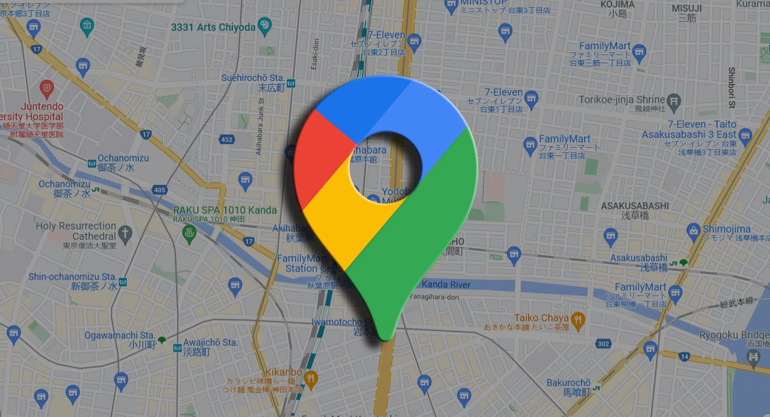 Uma ilustração com o ícone do Google Maps acima de um mapa.