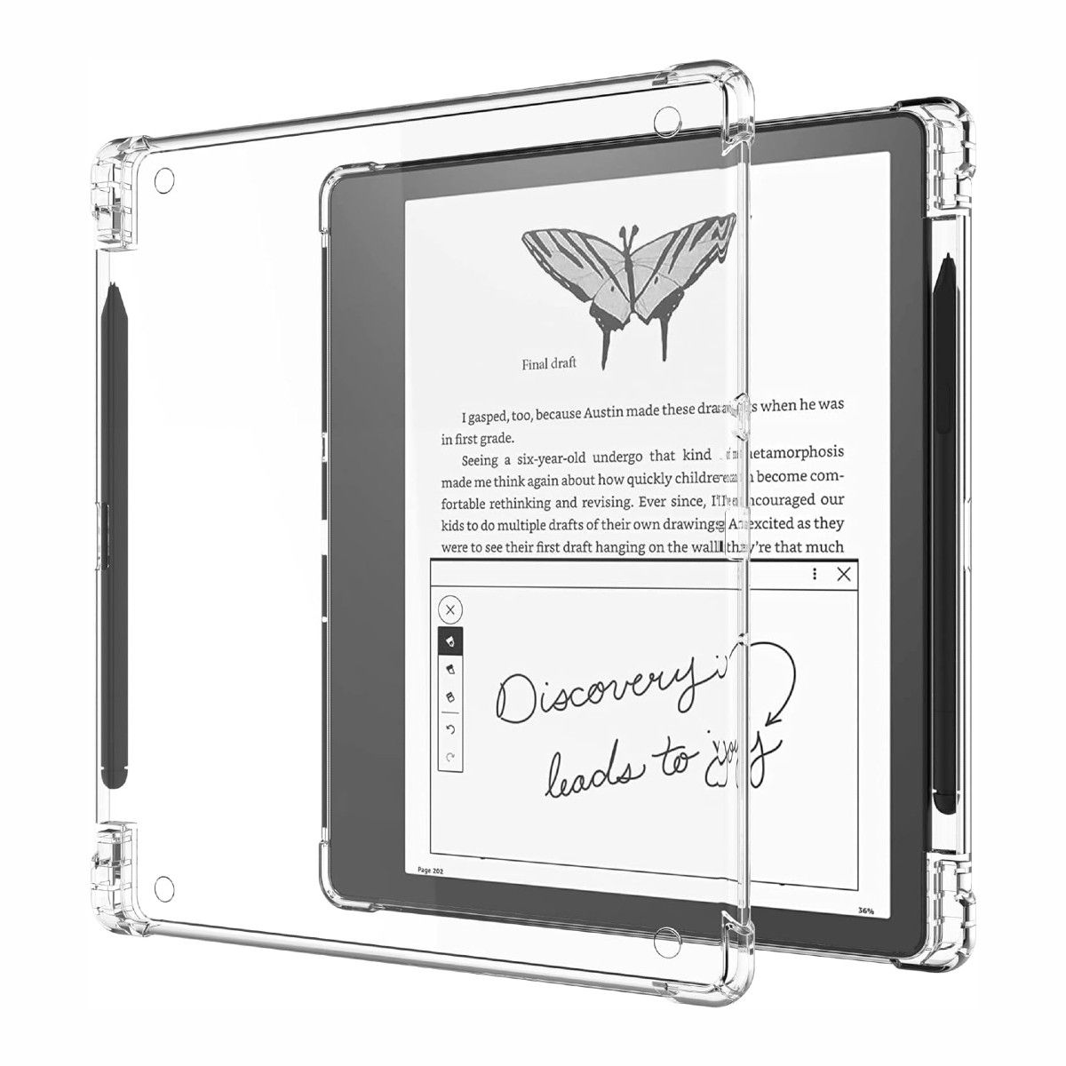 Um Kindle Scribe e sua caneta em um estojo transparente 