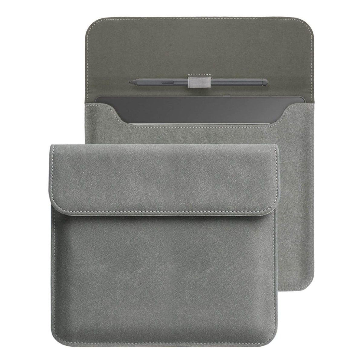 Uma capa de camurça cinza para o Kindle Scribe mostrando seu estado aberto e fechado