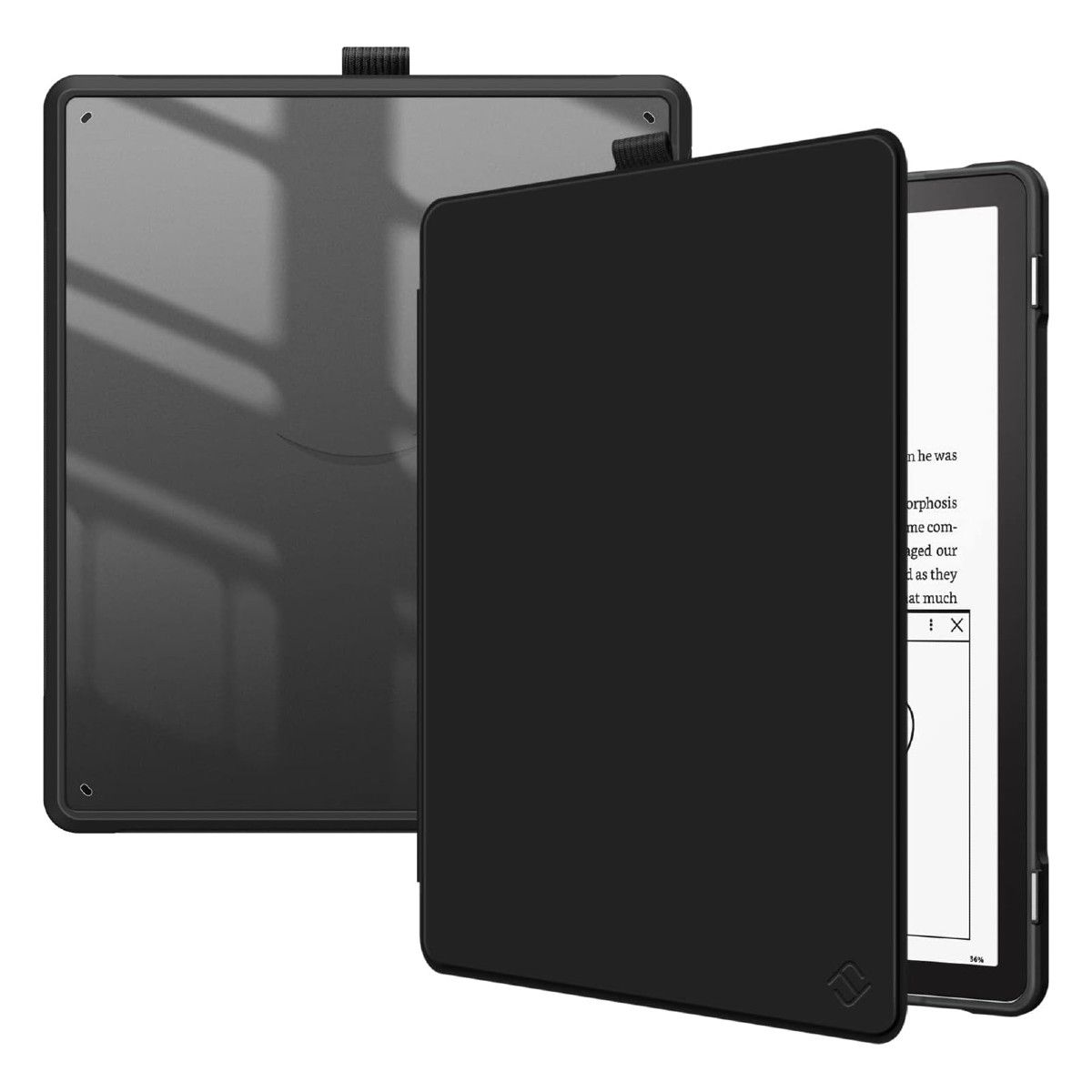 Um Kindle Scribe em uma caixa preta com parte traseira transparente