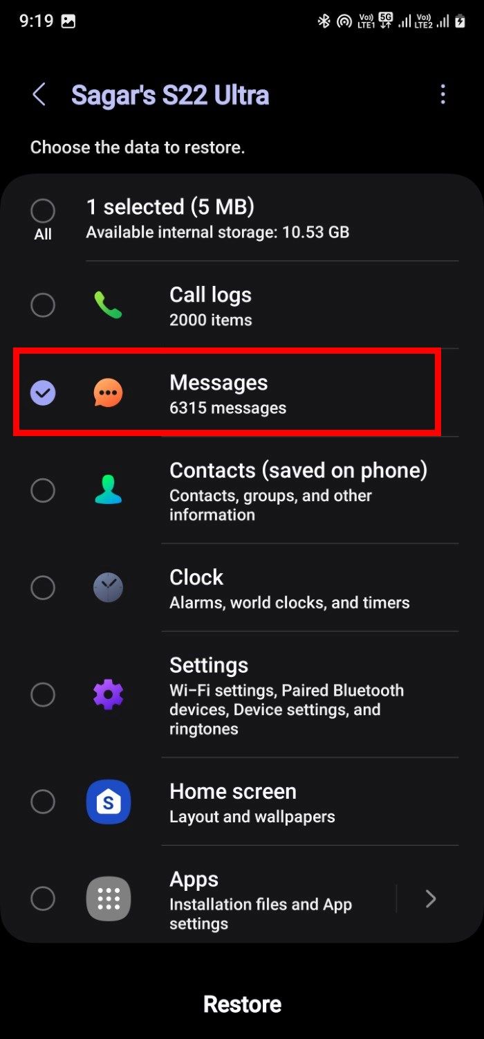 Captura de tela mostrando as etapas para escolher Mensagens e restaurá-las