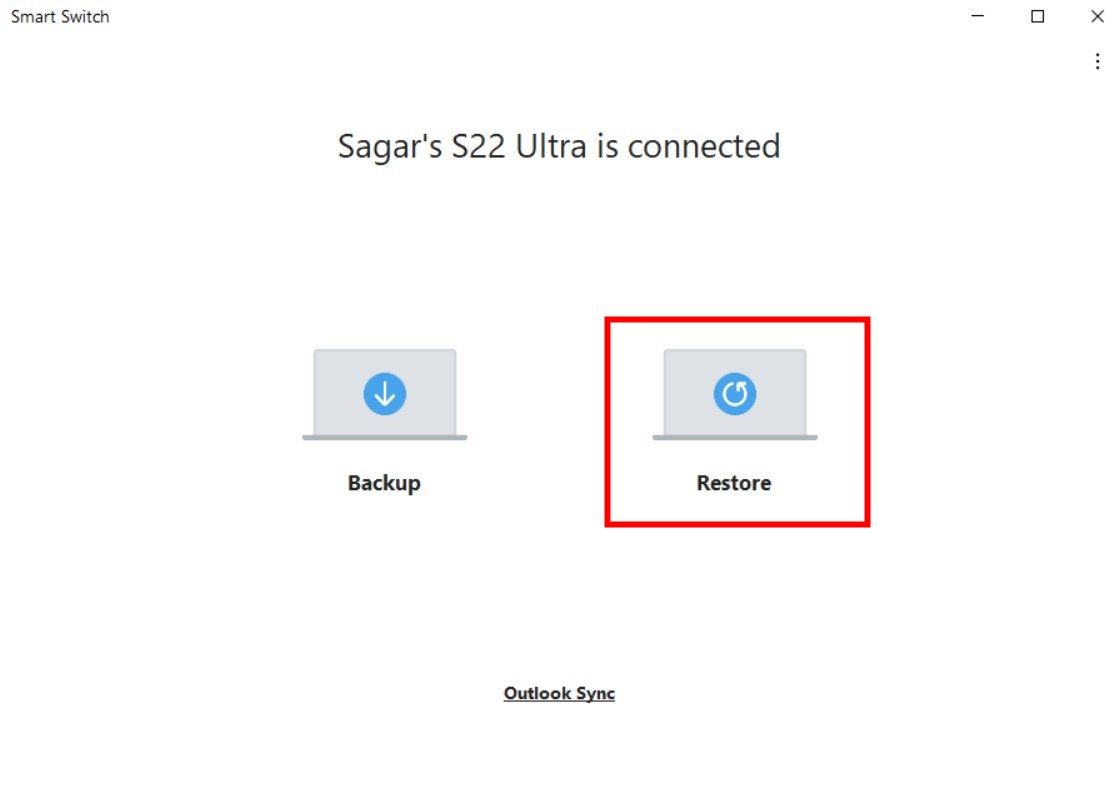 Captura de tela mostrando o botão Restaurar do aplicativo de desktop Smart Switch