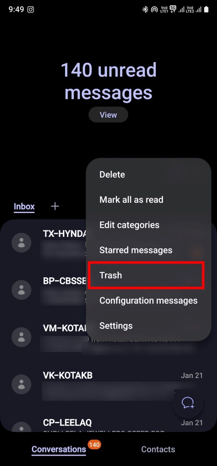Captura de tela mostrando a opção Lixeira do Samsung Messages