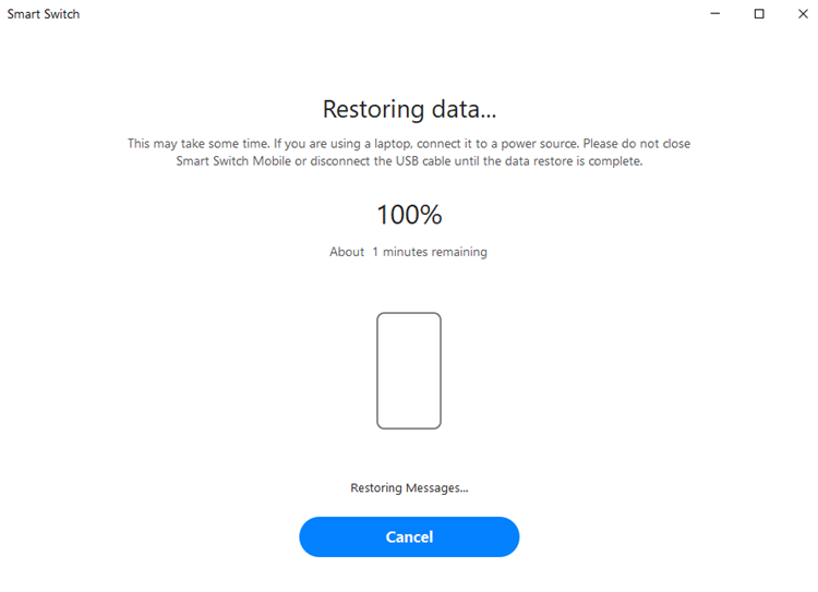 A tela de restauração de dados no aplicativo Samsung Smart Switch para PC