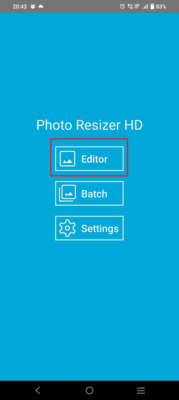 Captura de tela destacando a opção ‘Editor’ no aplicativo Photo Resizer HD