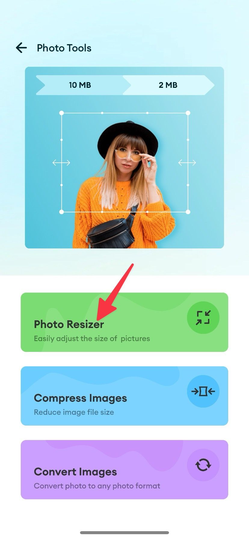 Captura de tela mostrando a opção ‘Photo Resizer’ no aplicativo Photo & Image Resizer no iPhone