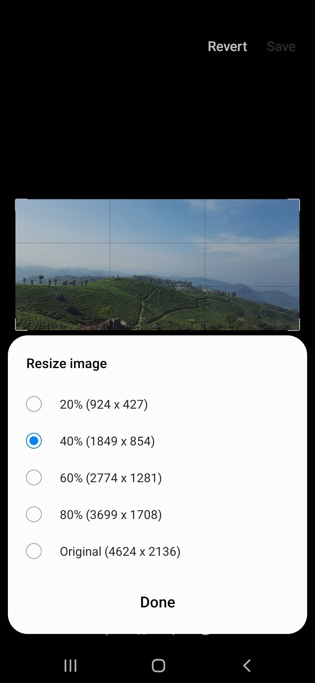 Captura de tela mostrando as dimensões da nova imagem no telefone Samsung