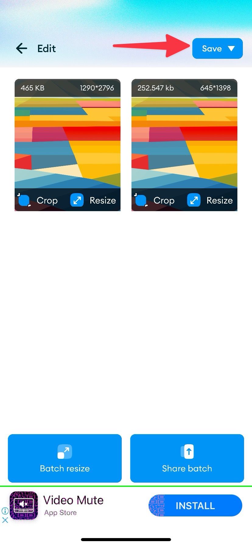 Captura de tela mostrando a opção ‘Salvar’ no aplicativo Photo & Image Resizer no iPhone