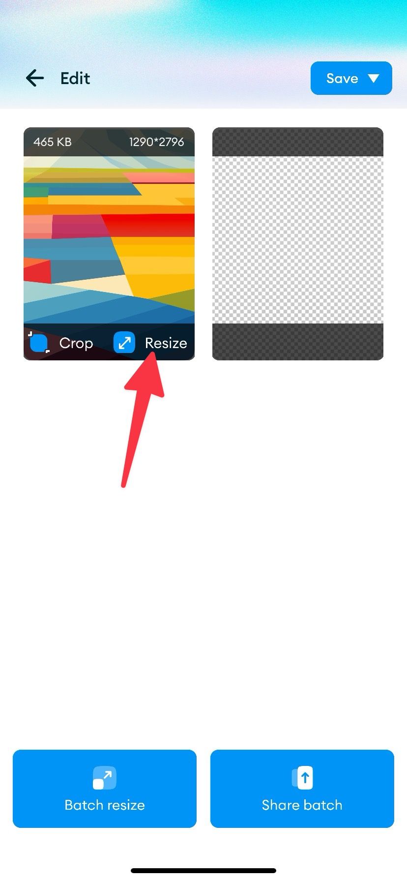Captura de tela mostrando a opção ‘Redimensionar’ no aplicativo Photo & Image Resizer no iPhone