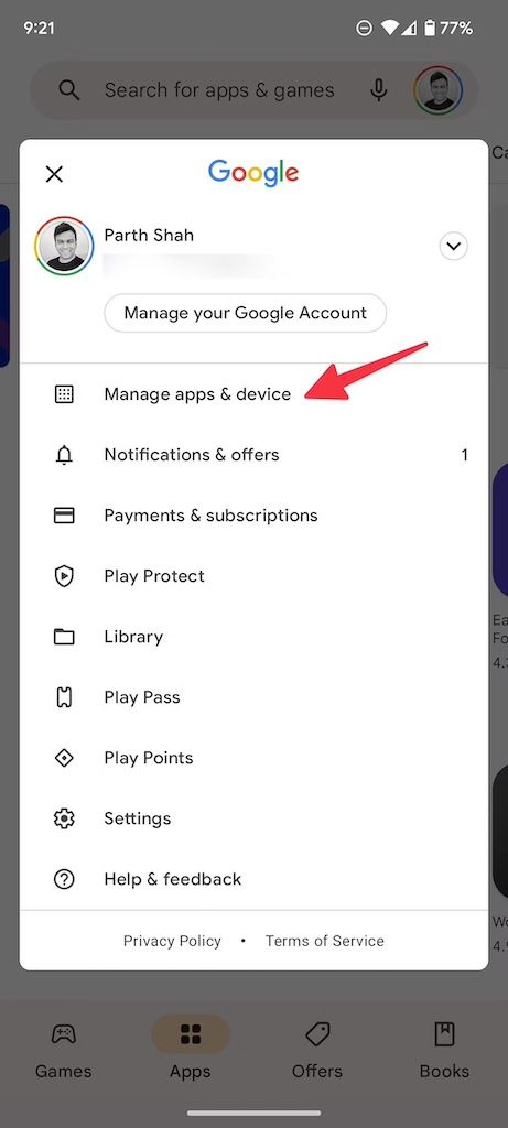 Opções de conta da Google Play Store