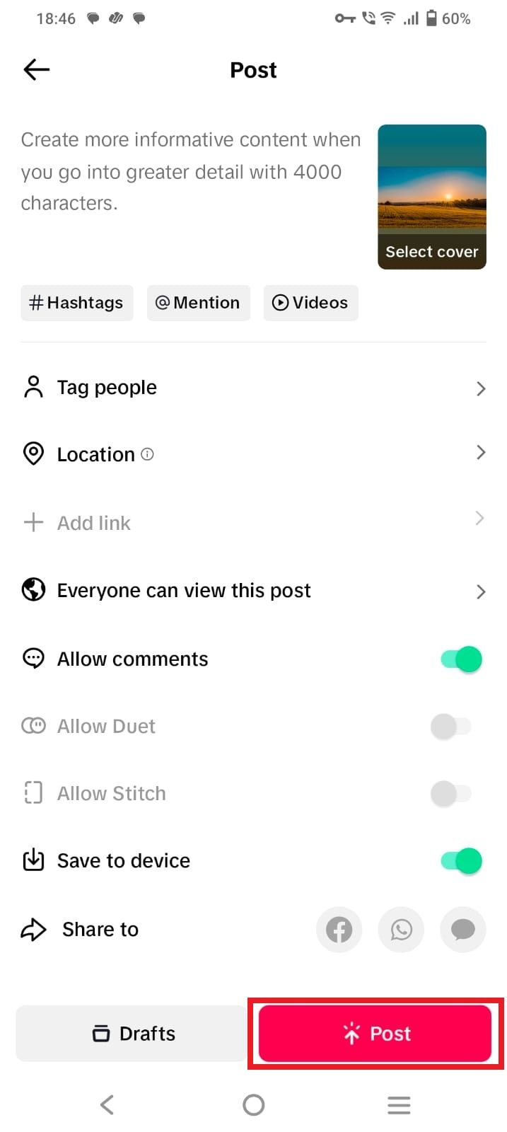 Captura de tela destacando a opção ‘Post’ no aplicativo TikTok
