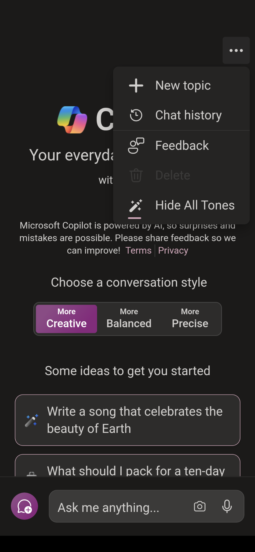 Todos os três estilos de conversa agora são mostrados no aplicativo Android do Microsoft Copilot