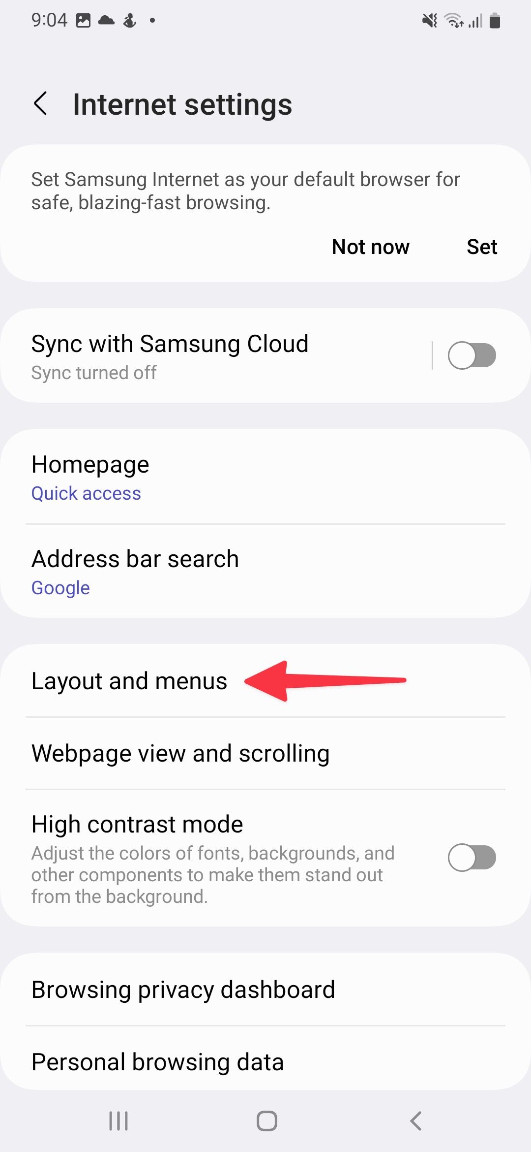 Layouts e menu no Samsung Internet