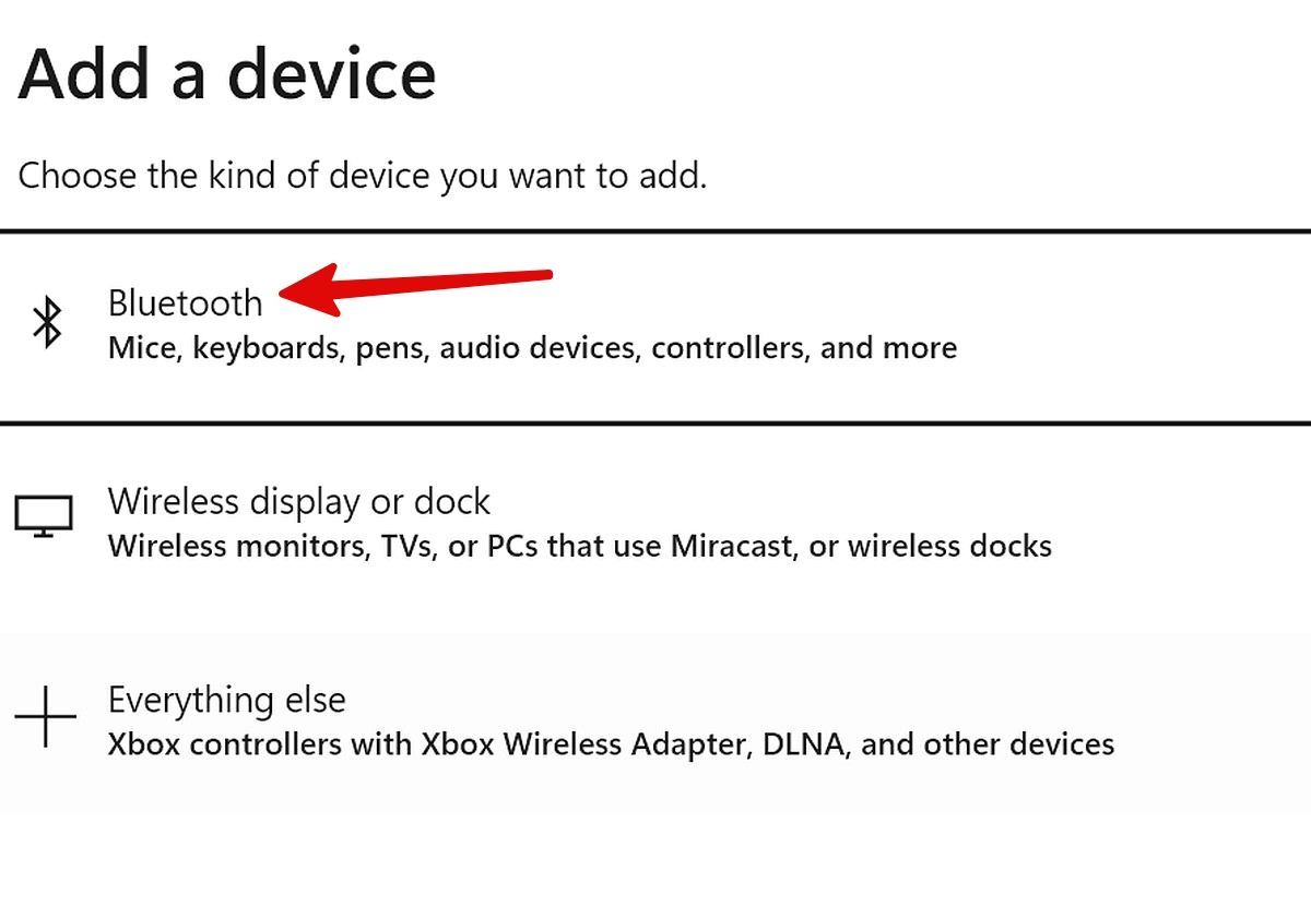 Captura de tela mostrando a opção de selecionar Bluetooth no Windows.